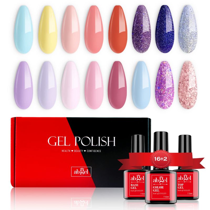 Photo 1 of *ASSORTED COLORS VARY*- ab gel Glitter Gel Nail Polish Set- 16 Colors Pink Orange Yellow,Blue,Purple UV Nail Polish Esmaltes Para Uñas En Gel,Base and Top Coat Gel Nail Polish
