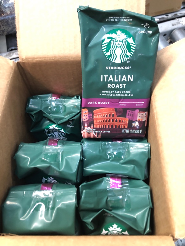 Photo 2 of **BB: 2023*- Starbucks Ground Coffee, Italian Roast, Dark Roast Coffee, Notes of Dark Cocoa & Toasted Marshmallow, Ground 100% Arabica Coffee, 12-Ounce Bag (Pack of 6)
