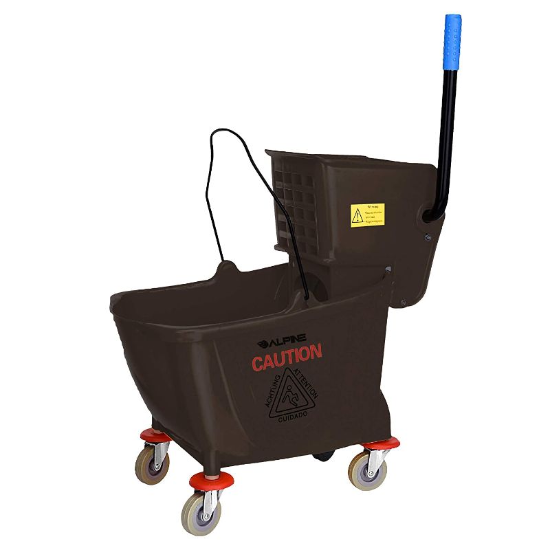 Photo 1 of Alpine Industries Commercial Mop Bucket with Side Press Wringer - Mop Bucket with Wheels - Perfect for School, Offices, Resturants, Restrooms - 36 Qt - Brown
