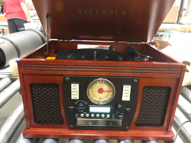 Photo 2 of Victrola 8-in-1 Bluetooth Record Player & Multimedia Center, Built-in Stereo Speakers - Turntable, Wireless Music Streaming, Real Wood | Mahogany