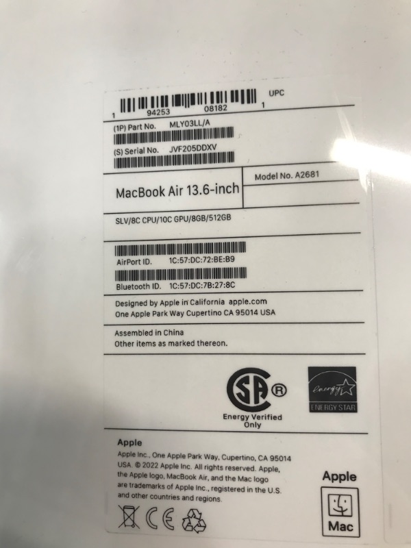 Photo 11 of New and sealed 
Apple 2022 MacBook Air Laptop with M2 chip: 13.6-inch Liquid Retina Display, 8GB RAM, 512GB SSD Storage, Backlit Keyboard, 1080p FaceTime HD Camera. Works with iPhone and iPad; Silver
