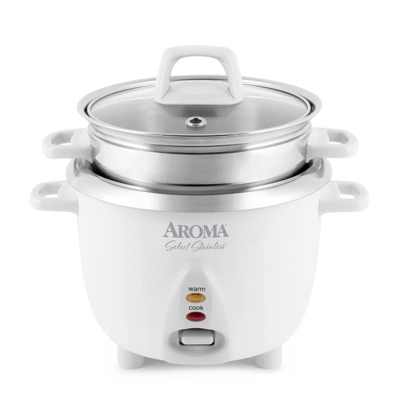 Photo 1 of AROMA HOUSEWARES 6-CUP (COOKED) / 1.2QT. SELECT STAINLESS POT-STYLE RICE COOKER, & FOOD STEAMER, ONE-TOUCH OPERATION, WHITE
