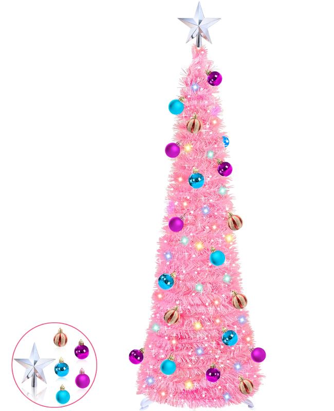 Photo 1 of 5 FT POP UP VALENTINES DAY TREE TINSEL WITH 50 COLOR LIGHTS TIMER 3D STAR 25 BALLS BATTERY OPERATED PENCIL SLIM ARTIFICIAL TREE HOLIDAY PARTY VALENTINES DAY DECORATION BEDROOM HOME INDOOR (PINK)
