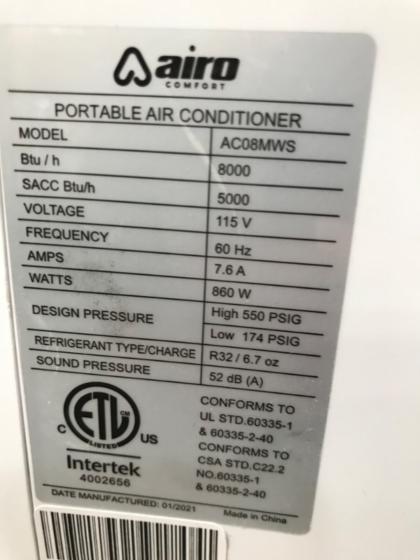 Photo 1 of Airo Comfort Portable Air Conditioner 8,000 BTU With Built-In Dehumidifier & Fan Modes, Portable & Quiet AC Unit for Up to 200 Square Feet, LED Display, Included Installation Kit and Remote Control
