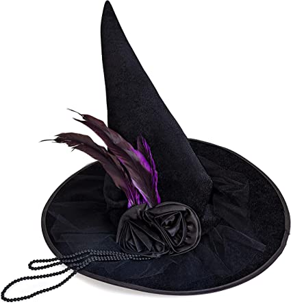 Photo 1 of Skeleteen Deluxe Pointed Witch Hat - Glamorous Black Witches Accessories Fancy Velvet Hat with Flowers, Beads and Purple Feathers