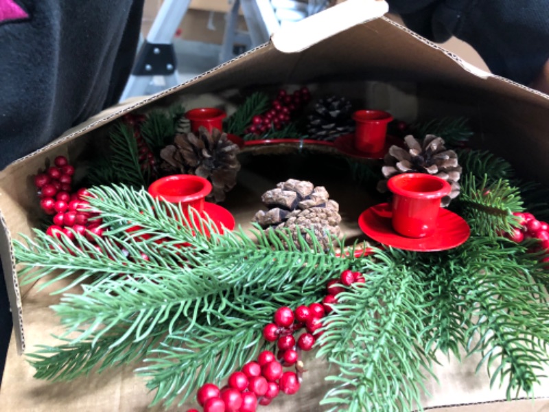 Photo 2 of [Safety Fire Retardant] Christmas Red Advent Wreath Decoration, Realistic Spruce Christmas Centerpiece with 4 Candle Holder Pinecone 6 Berry Advent Decor for Table Holiday Home Church (No Candles)