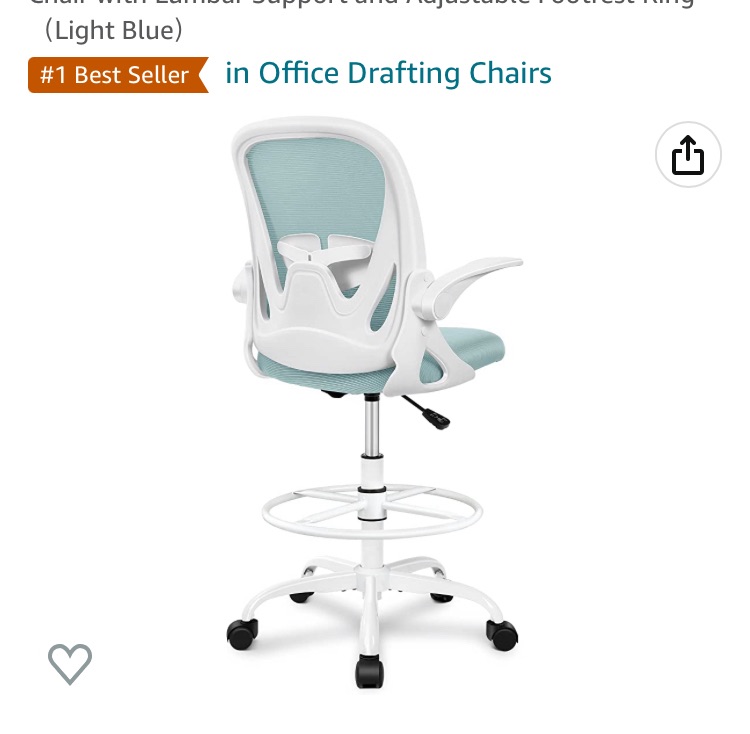 Photo 1 of Primy Drafting Chair Tall Office Chair with Flip-up Armrests Executive Ergonomic Computer Standing Desk Chair with Lumbar Support and Adjustable Footrest Ring?Light Blue?