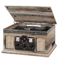 Photo 1 of Victrola Nostalgic 6-in-1 Bluetooth Record Player & Multimedia Center & Cassette Player, AM/FM Radio | Wireless Music Streaming | Farmhouse Shiplap Grey & Wooden Record Crate, Wood Color Farmhouse Shiplap Grey Entertainment Center + Record