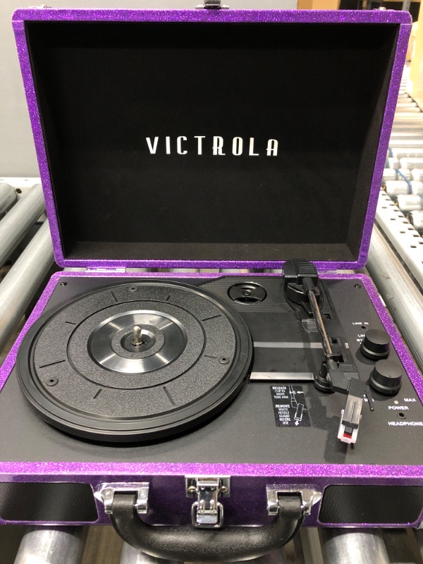 Photo 3 of Victrola Vintage 3-Speed Bluetooth Portable Suitcase Record Player with Built-in Speakers | Upgraded Turntable Audio Sound| Includes Extra Stylus | Purple Glitter (VSC-550BT-GPR), 1SFA Purple Glitter Record Player