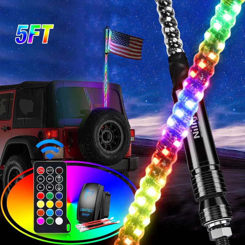 Photo 1 of Nilight 2PCS 5FT Spiral RGB Led Whip Light w/ RGB Chasing/Dancing Light RF Remote Control Lighted Antenna Whips for Can-am ATV UTV RZR Polaris Dune Buggy 4 Wheeler Offroad Jeep Truck, 2 Year Warranty
