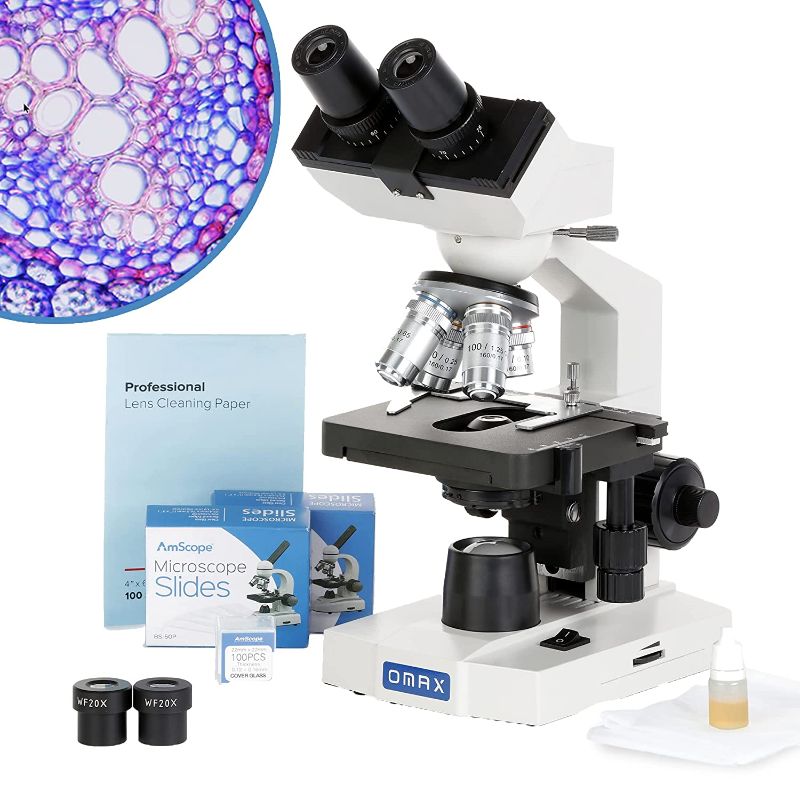 Photo 1 of OMAX 40X-2000X LED Binocular Compound Lab Microscope w/ Double Layer Mechanical Stage + Blank Slides, Cover Slips, & Lens Cleaning Paper, M82ES-SC100-LP100
