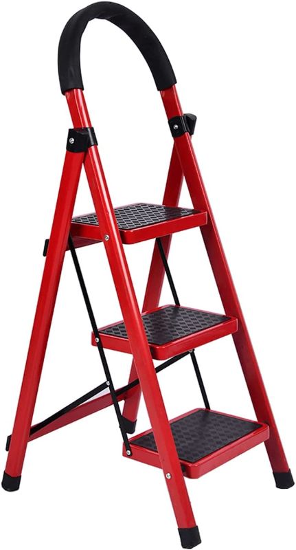 Photo 1 of 3 Step Ladder, 3 Step Ladder Folding Step Stool with Hand Grip Anti-Slip?Portable & Collapsible Steel Stepladder and Wide Pedal for Home and Courtyard, Red.
