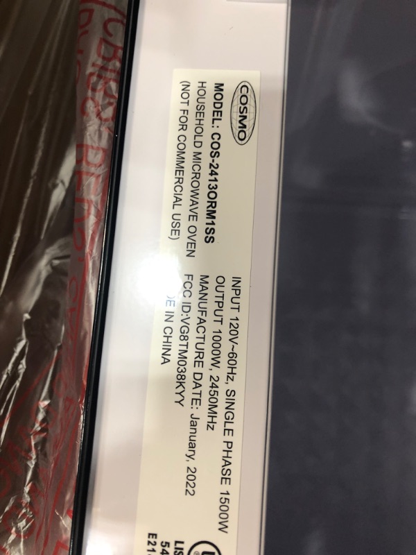 Photo 4 of ***DOES NOT POWER ON***COSMO COS-2413ORM1SS Over the Range Microwave Oven with Vent Fan, 1.34 cu. ft. Capacity, 1000W, 24 inch, Black / Stainless Steel
