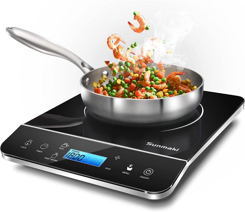 Photo 1 of *** POWERS ON *** Sunmaki Portable Induction Cooktop,1800W Induction Cooker with LCD Sensor Touch, Induction Cooktop Burner Child Safety Lock & 4h Timer, 9 Power 10 Temperature Setting for cooking
