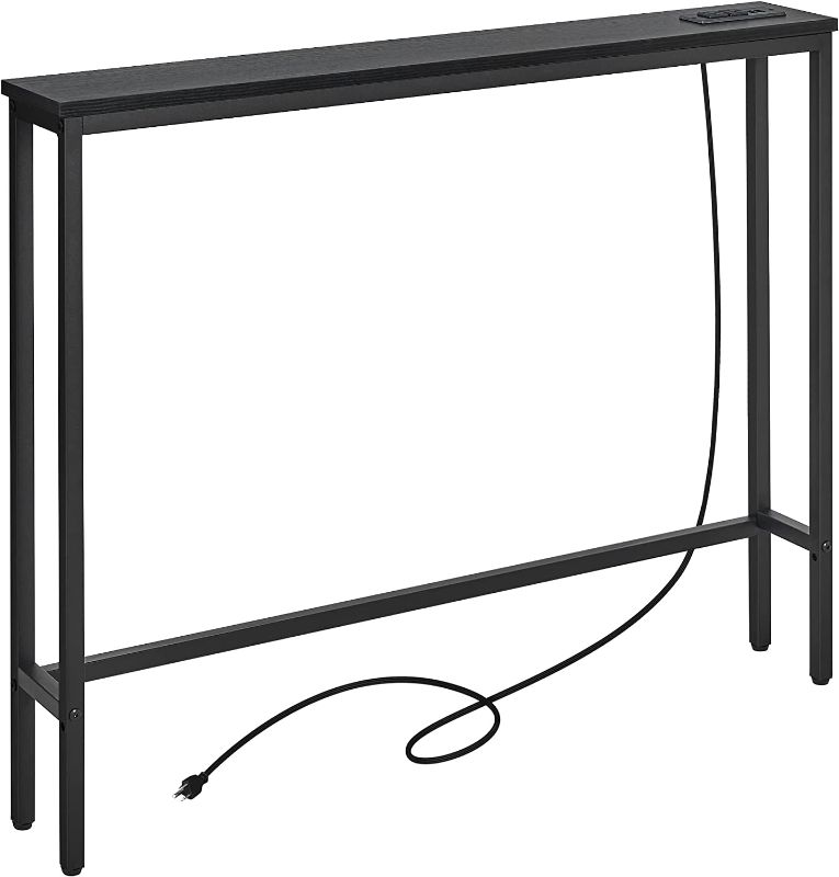 Photo 1 of 5.9" Narrow Console Sofa Table with Power Outlets, 39.4” L x 5.9" W x 31.1" H Long Black Behind Couch Table with Metal Frame and Charge Station with 6.5’ Extension Cord
