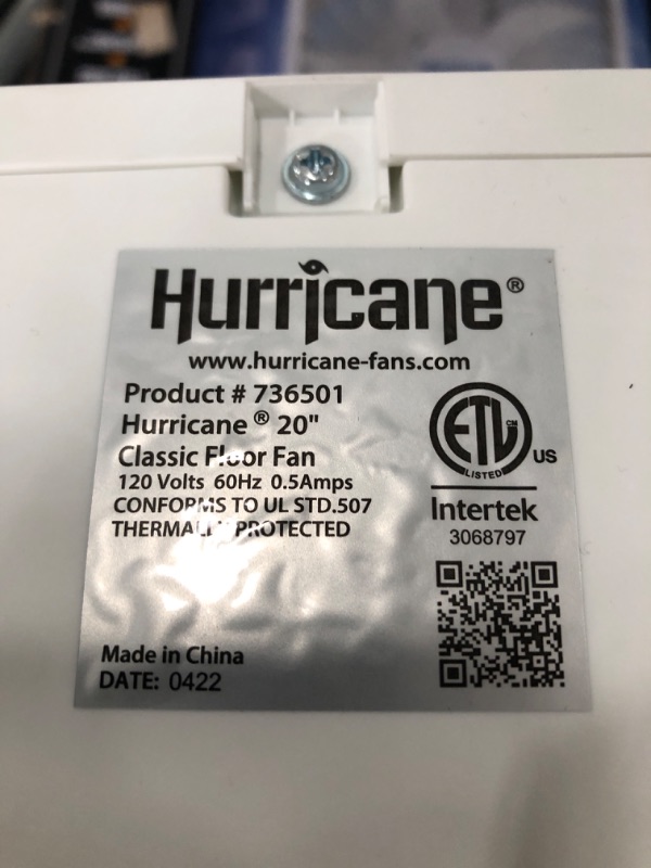 Photo 1 of Hurricane Box Fan - 20 Inch, Classic Series, Floor Fan with 3 Energy Efficient Speed Settings, Compact Design, Lightweight - ETL Listed, White Box Fan 20"