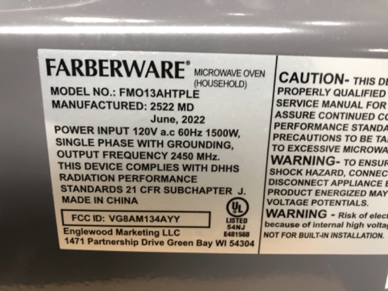 Photo 5 of ****FOR PARTS ONLY TURNS ON BUT DOES NOT WORK*** Farberware Countertop Microwave Oven 1.3 Cu. Ft. 1100-Watt with Smart Sensor Cooking, ECO Mode and Green LED Lighting, Child Lock, Easy Clean Black Interior, Retro White and Platinum Copper