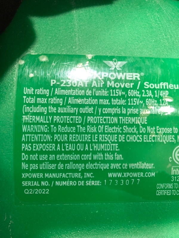 Photo 3 of *** POWERS ON *** XPOWER P-230AT Mini Mighty 1/4 HP 925 CFM Centrifugal Air Mover, Carpet Dryer, Floor Fan, Blower, Stackable, Daisy Chain, for Water Damage Restoration, Janitorial, Plumbing, Home Use, Green Mini Mighty P-230AT Green