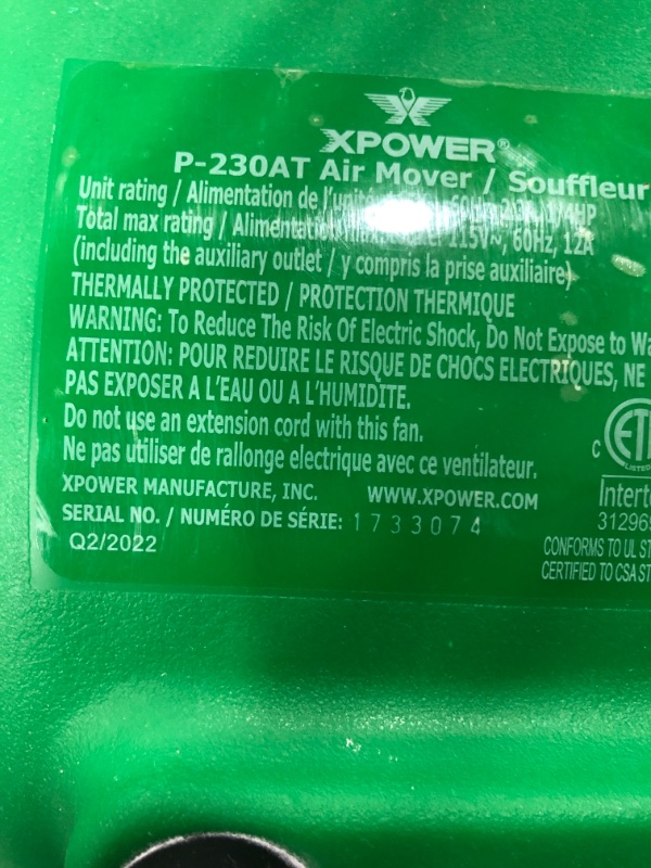 Photo 2 of *** POWERS ON *** XPOWER P-230AT Mini Mighty 1/4 HP 925 CFM Centrifugal Air Mover, Carpet Dryer, Floor Fan, Blower, Stackable, Daisy Chain, for Water Damage Restoration, Janitorial, Plumbing, Home Use, Green Mini Mighty P-230AT Green