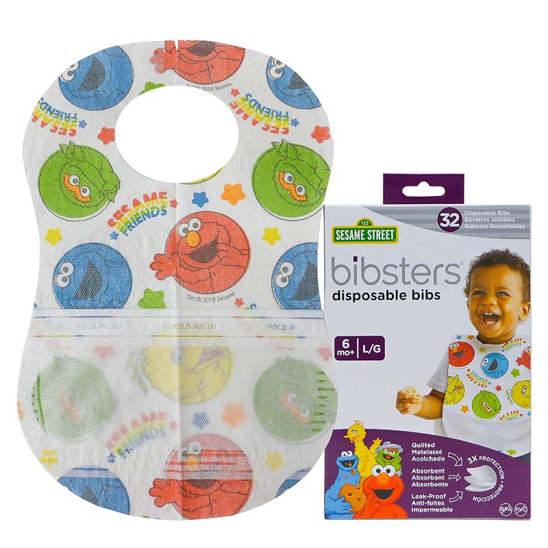 Photo 1 of Bibsters Sesame Street Large Disposable Bibs with Patented Crumb-Catcher, Leakproof Liner, and Reusable Fastener -Age 6 Months and Up 32 count (Pack of 1) Large 32 Count (Pack of 1) Multicolor