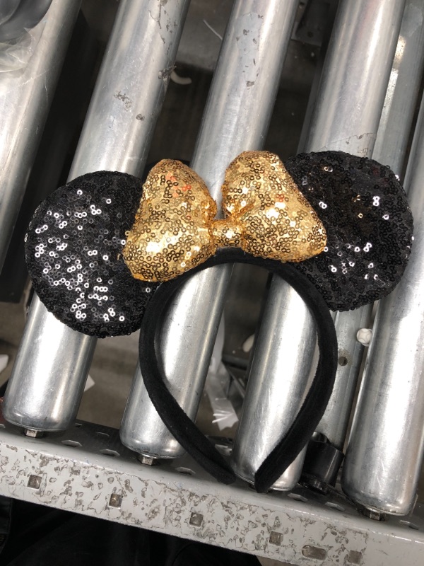 Photo 2 of A Miaow 3D Black Mouse Sequin Ears Headband MM Glitter Butterfly Hair Clasp Park Supply Adults Women Photo Accessory (Black and Golden)