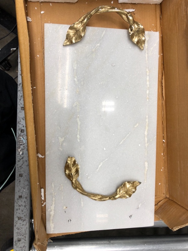 Photo 2 of *Major Damage-See Photos* Deco 79 Marble Rectangle Tray with Gold Twisted Leaf Handles, 21" x 10" x 2", White