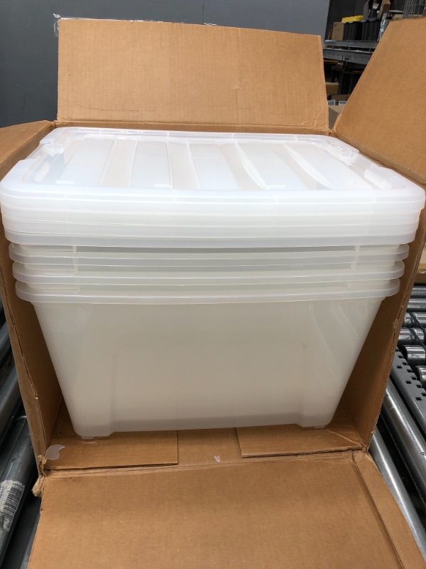 Photo 2 of *Minor Damage To 2 Lids-See Photos* IRIS USA 53 Qt. Plastic Storage Bin Container with Durable Lid and Secure Latching Buckles, 4-Pack, Sturdy Stackable and Nestable Organizer Tote with Pull Handle for Easy Access and Storage, Clear 53 Qt. - 4 Pack Clear