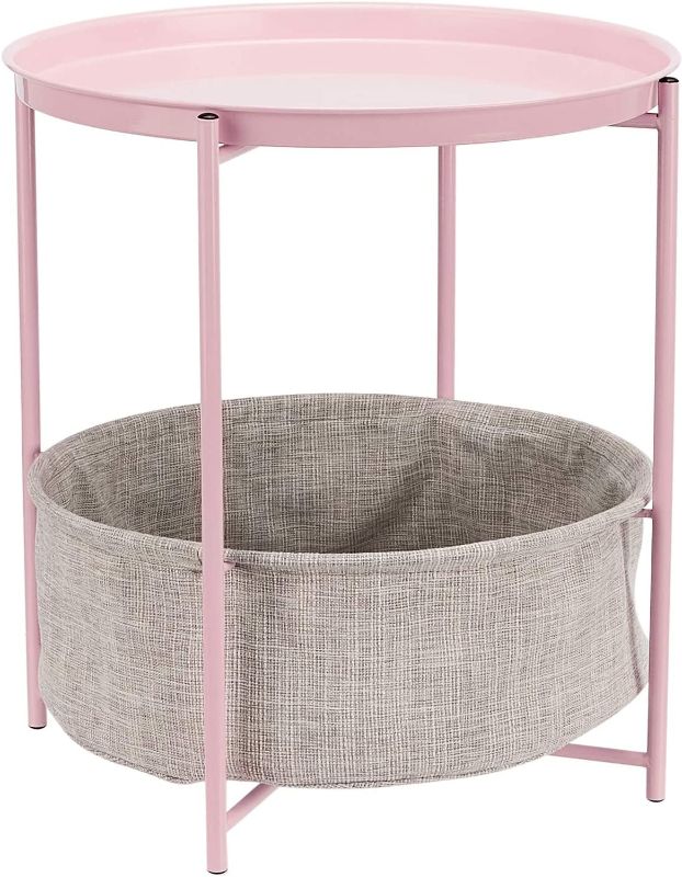 Photo 1 of Amazon Basics Round Storage End Table, Side Table with Cloth Basket - Pink/Heather Gray, 19 x 18 x 18 Inches
