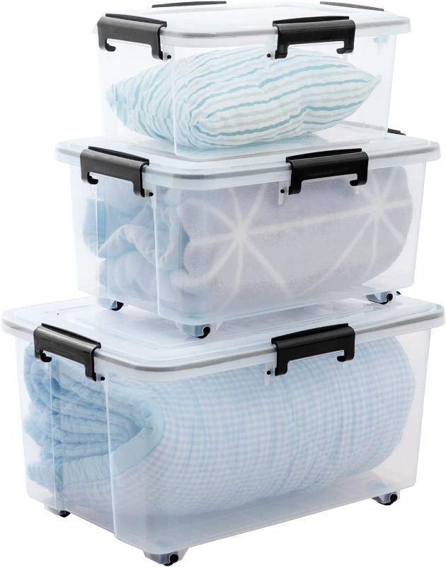 Photo 1 of *Large Lid Damaged-See Photos* LQDSJTU Plastic Storage Bins Tote Organizing Container with Durable Lid and Seal and Secure Latching Buckles? stackable or Nestable, Clear?29.73 Quart, 3 Pack
