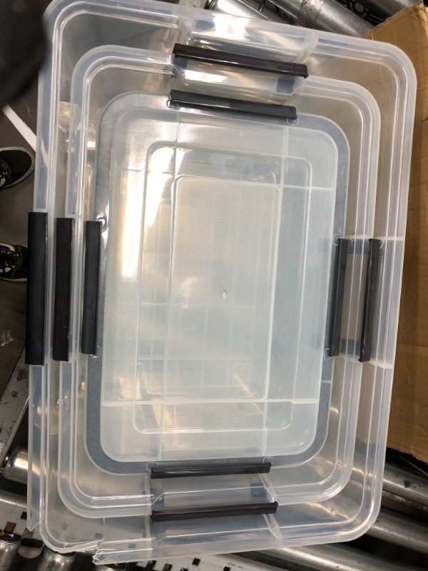 Photo 4 of *Large Lid Damaged-See Photos* LQDSJTU Plastic Storage Bins Tote Organizing Container with Durable Lid and Seal and Secure Latching Buckles? stackable or Nestable, Clear?29.73 Quart, 3 Pack
