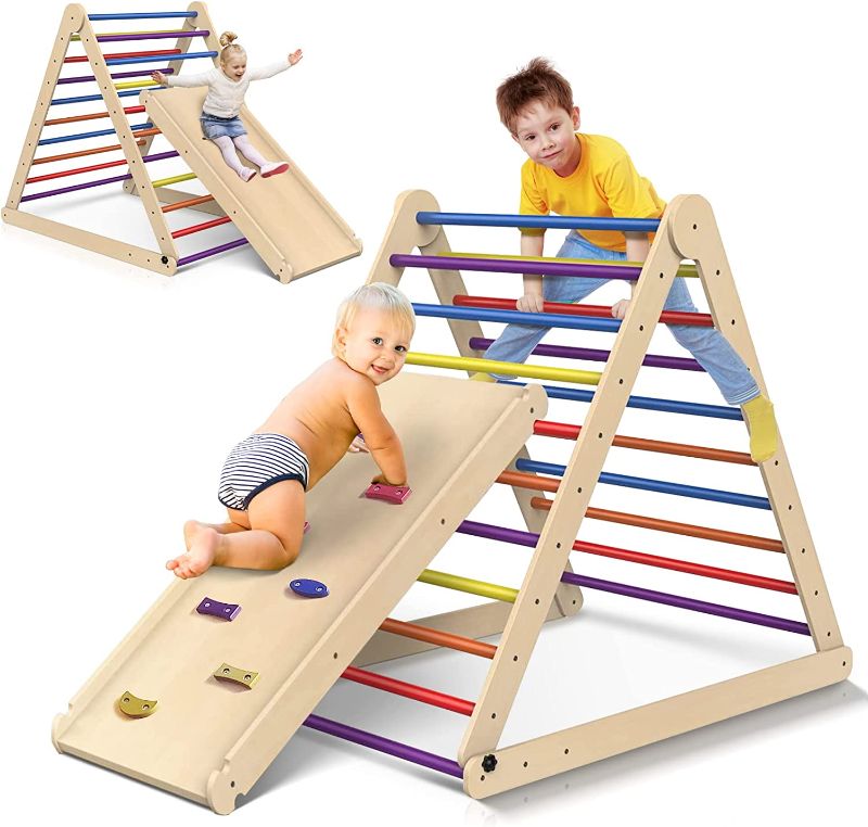 Photo 1 of *Major Damage/Unknown Missing Hardware-See Photos* JOY SPOT! 3 in 1 Triangle Climbing Toys, Sturdy Solid Wooden Children Slide, Foldable Adjustable Height Climber, Indoor & Outdoor for Yard, Garden, Living Room
