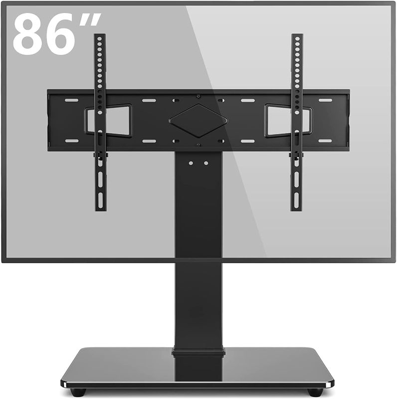 Photo 1 of *Opened Hardware-Unknown if Missing/See Photos* Rfiver Universal Swivel TV Stand Table Top TV Stand Base for 40 to 86 Inch Flat Screen TVs, Height Adjustable Mount, Center TV Stand Replacement with Tempered Glass Base

