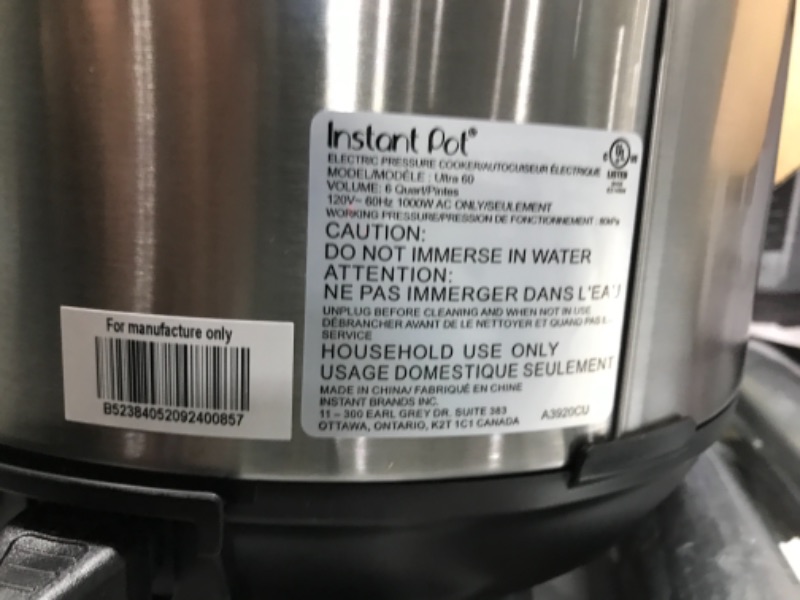 Photo 3 of **non-functional**
Instant Pot Ultra, 10-in-1 Pressure Cooker, Slow Cooker, Rice Cooker, Yogurt Maker, Cake Maker, Egg Cooker, Sauté, and more, Includes App With Over 800 Recipes, Stainless Steel, 6 Quart 6QT Ultra