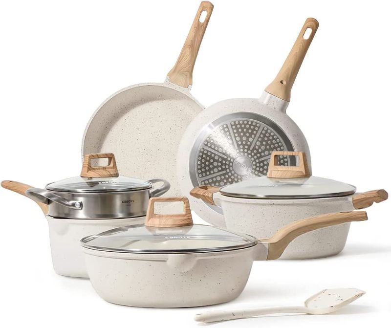 Photo 1 of *Minor Cosmetic Damage-See Photos/Missing Spatula* CAROTE Pots and Pans Set Nonstick, White Granite Induction Kitchen Cookware Sets, 10 Pcs Non Stick Cooking Set w/ Frying Pans & Saucepans(PFOS , PFOA Free)
