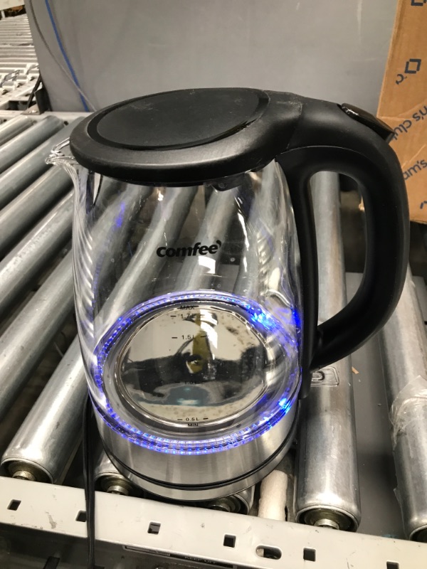 Photo 3 of ***TESTED WORKING*** COMFEE' Glass Electric Tea Kettle & Hot Water Boiler, 1.7L, Cordless with LED Indicator, 1500W Fast Boil, Auto Shut-Off and Boil-Dry Protection silver glass and stainless steel