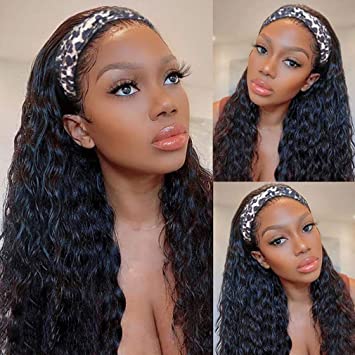 Photo 1 of Afeier Headband Wigs Human Hair Water Wave 10A Curly Wave Headband Wig Human Hair Virgin Human Hair Headband Wig for Black Women None Lace Front Wigs Easy Wear Wigs 180% Density Natural Color 18 Inch
