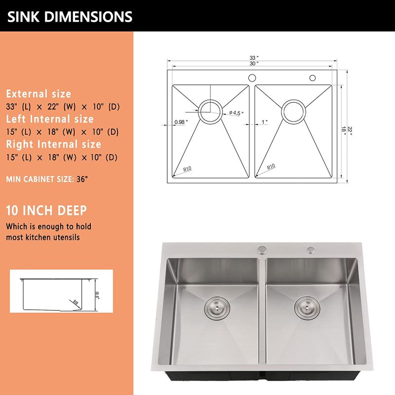 Photo 2 of 33 Inch Drop In Double Bowl Kitchen Sink Stainless Steel-HACHENL 33×22 Top Mount Kitchen Sink 16 Gauge Stainless Steel Kitchen Sink 10 Inch Deep 50/50 Double Bowl Kitchen Sink With Accessories