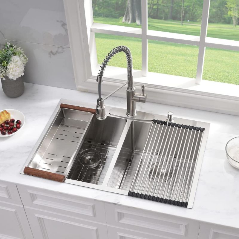 Photo 4 of 33 Inch Drop In Double Bowl Kitchen Sink Stainless Steel-HACHENL 33×22 Top Mount Kitchen Sink 16 Gauge Stainless Steel Kitchen Sink 10 Inch Deep 50/50 Double Bowl Kitchen Sink With Accessories