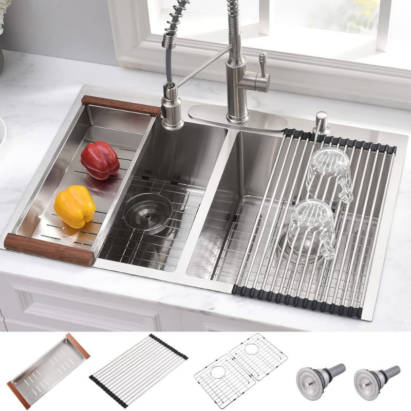 Photo 1 of 33 Inch Drop In Double Bowl Kitchen Sink Stainless Steel-HACHENL 33×22 Top Mount Kitchen Sink 16 Gauge Stainless Steel Kitchen Sink 10 Inch Deep 50/50 Double Bowl Kitchen Sink With Accessories