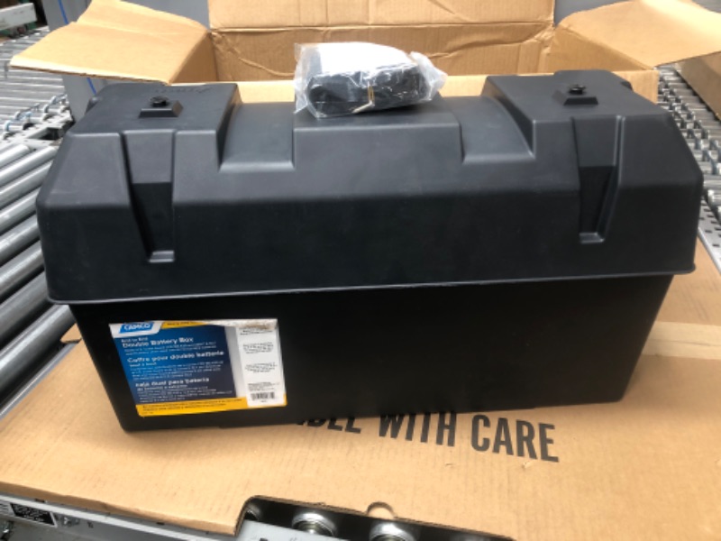 Photo 2 of Camco Heavy Duty Double Battery Box with Straps and Hardware - Group GC2 | Safely Stores RV, Automotive, and Marine Batteries | Measures Inside 21-1/2" x 7-3/8" x 11-3/16" | (55375) Frustration Free Packaging Double Battery Box