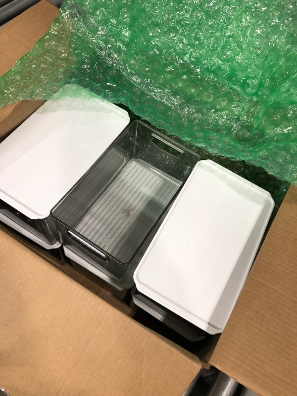 Photo 1 of mDesign Plastic Stackable Slim Storage Bin Box with Lid/Handles for Kitchen, Pantry, Fridge/Freezer Organization, Holds Food, Fruit, Jars, Packets, Snacks, Ligne Collection, 6 Pack - Clear/White Clear/White 10.75 x 6.5 x 3.25