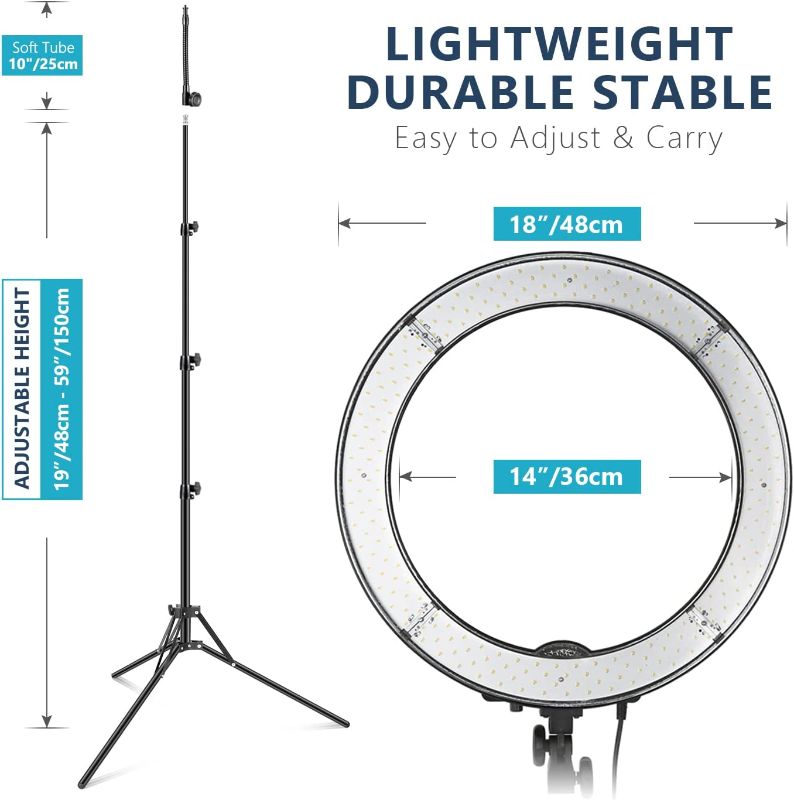 Photo 2 of Neewer Ring Light Kit:18"/48cm Outer 55W 5500K Dimmable LED Ring Light, Light Stand, Carrying Bag for Camera,Smartphone,YouTube,TikTok,Self-Portrait Shooting, Black, Model:10088612
