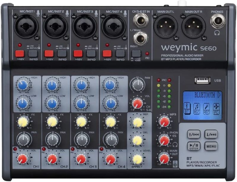 Photo 1 of Weymic SE-60 Professional Mixer for Recording DJ Stage Karaoke w/USB XLR Microphone Jack, 48V Power(6-Channel)
