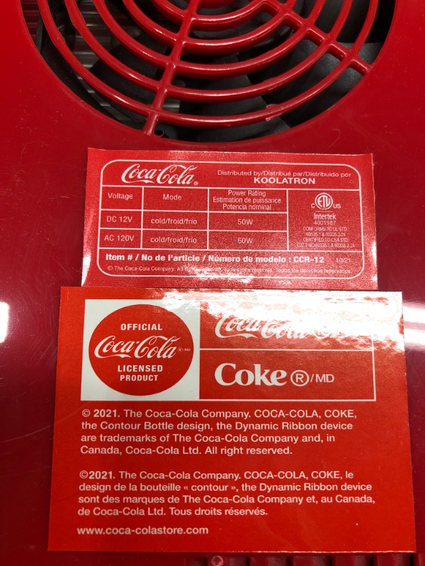 Photo 2 of *Powers On* Coca-Cola Retro 18 Can Mini Fridge w/ 12V DC and 110V AC Cords, 22L (23 qt), Portable Cooler, Red, Travel Fridge for Drinks, Snacks, Lunch, Home, Office, Dorm Room, RV
