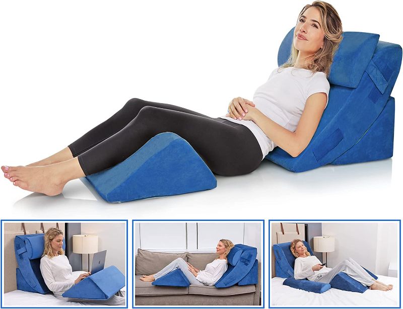 Photo 1 of 4 Pc Bed Wedge Pillows Set - Orthopedic Wedge Pillow for Sleeping - Multi Angle Relief System for Back, Neck. Shoulder, and Leg Elevation Pillows | Acid Reflux, Anti Snoring - Machine Washable Cover
