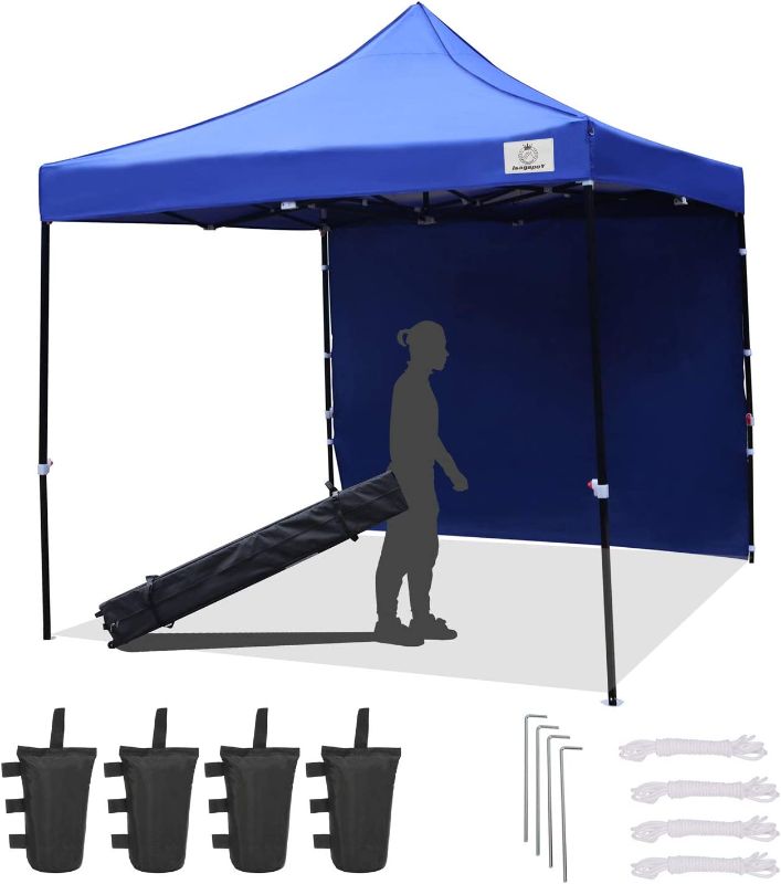 Photo 1 of Used / missing parts to hold canopy down ** ISAGAPOY Canopy Tent 10x10 Pop Up Canopy Tent Commercial Instant Shade Tent with Heavy Duty Roller Bag Bonus x 4 Canopy Sand Bags x 4 Tent Stakes x 1 Sidewallx 1 (Blue)
