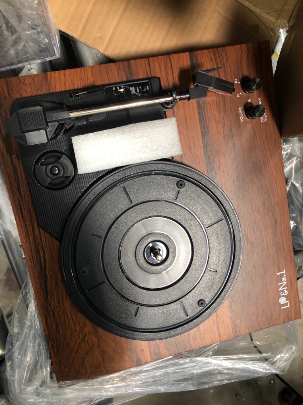 Photo 1 of LP&No.1 Bluetooth Vinyl Record Player with External Speakers, 3-Speed Belt-Drive Turntable for Vinyl Albums with Auto Off and Bluetooth Input, mahogany
