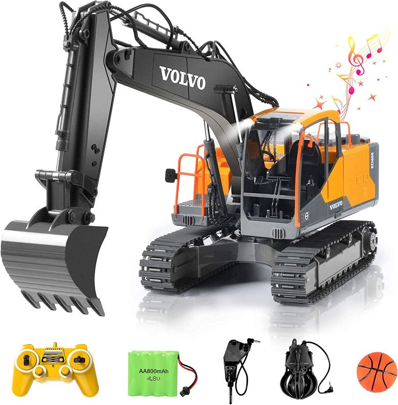 Photo 1 of DOUBLE E Volvo RC Excavator 3 in 1 Construction Truck Metal Shovel and Drill 17 Channel 1/16 Scale Full Functional with 2 Bonus Tools Hydraulic Electric Remote Control Excavator Construction Tractor