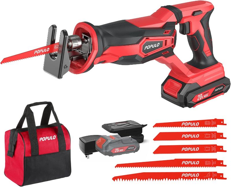 Photo 1 of POPULO Cordless Reciprocating Saw, 20V MAX Battery Power Saw, Electric Reciprocating Saws for Wood, Trees, Metal, or PVC Pipe Cutting, Cordless Sawzall with 2.0Ah Battery, and Fast Charger