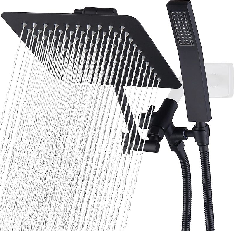 Photo 1 of  All Metal Dual Square Shower Head Combo | 8" Rain Shower Head | Handheld Shower Wand with 71" Extra Long Flexible Hose | Smooth 3-Way Diverter | Adjustable Extension Arm - A Bathroom Upgrade
